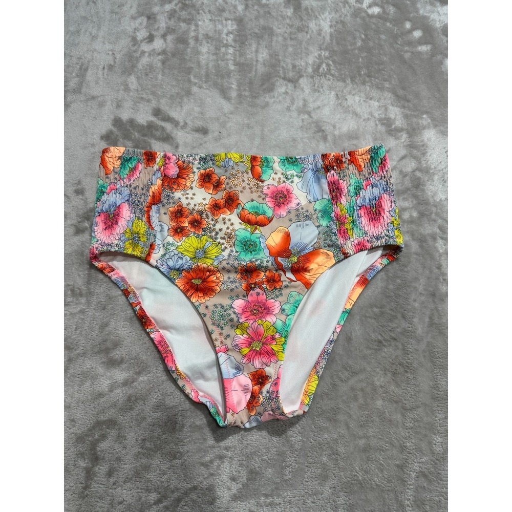 Victoria's Secret High Waist Bikini Bottoms Womens Large L Neon Floral‎ Smocked